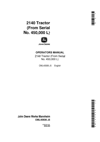 John Deere 2140 Tractor Operator’s Manual Instant Download (Pin.450000L) (Publication No.OML40936)