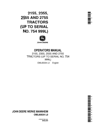 John Deere 2155 2355 2555 and 2755 Tractors Operator’s Manual Instant Download (Pin.754999L) (Publication No.OML60034)