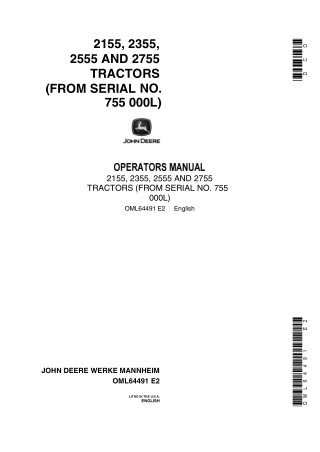 John Deere 2155 2355 2555 and 2755 Tractors Operator’s Manual Instant Download (Pin.755000L) (Publication No.OML64491)