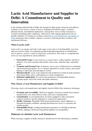 Lactic Acid Manufacturer and Supplier in Delhi