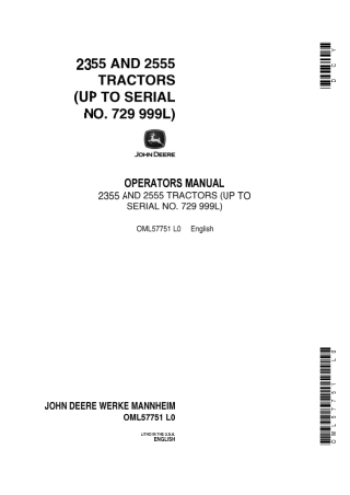 John Deere 2355 and 2555 Tractors Operator’s Manual Instant Download (Pin.729999L) (Publication No.OML57751)