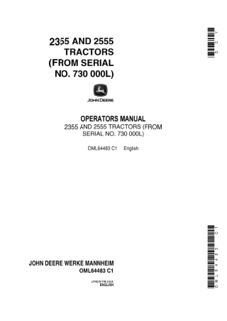 John Deere 2355 and 2555 Tractors Operator’s Manual Instant Download (PIN730000L) (Publication No.OML64483)