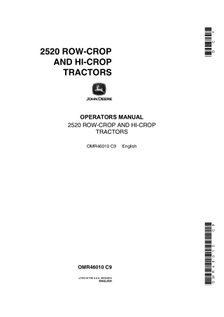 John Deere 2520 Row-Crop and Hi-Crop Tractors Operator’s Manual Instant Download (Publication No.OMR46010)