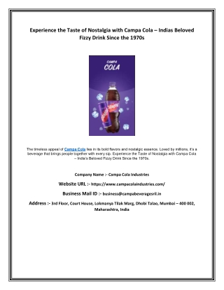 Experience the Taste of Nostalgia with Campa Cola – Indias Beloved Fizzy Drink Since the 1970s