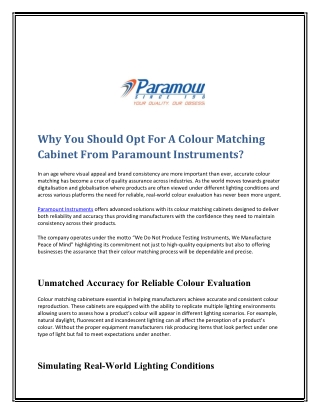 Why You Should Opt For A Colour Matching Cabinet From Paramount Instruments