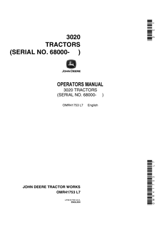 John Deere 3020 Tractors Operator’s Manual Instant Download (Pin.68000-) (Publication No.OMR41753)