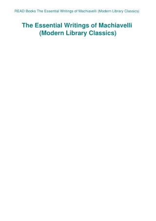 READ Books The Essential Writings of Machiavelli (Modern Library Classics)