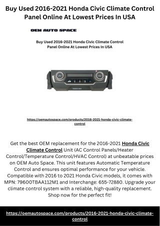 Buy Used 2016-2021 Honda Civic Climate Control Panel Online At Lowest Prices In USA