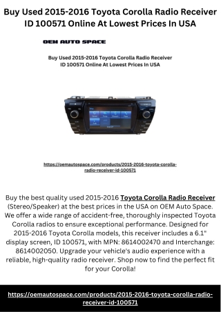 Buy Used 2015-2016 Toyota Corolla Radio Receiver ID 100571 Online At Lowest Prices In USA