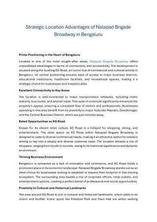 Strategic Location Advantages of Nalapad Brigade Broadway in Bengaluru