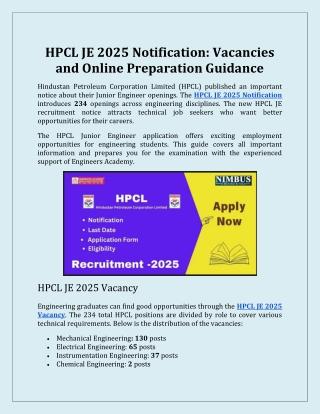 HPCL JE 2025 Notification Vacancies and Online Preparation Guidance
