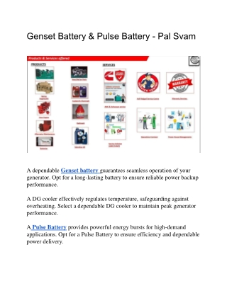 Genset Battery, Pulse Battery, DG Dual Fuel Kit & Dual Fuel Conversion Kit - Pal
