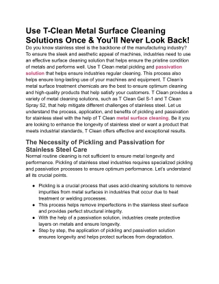 Try T-Clean for Pickling and Passivation – You’ll Never Look Back!