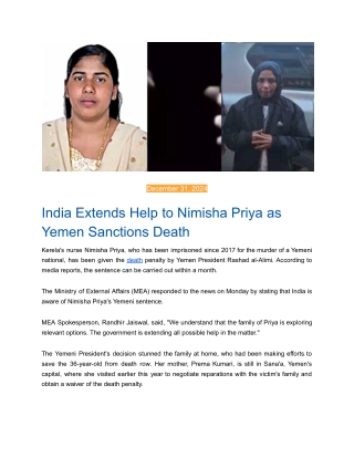 India Extends Help to Nimisha Priya as Yemen Sanctions Death
