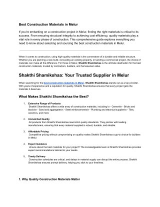 Best construction materials in Melur - Shakthi Shamikshaa