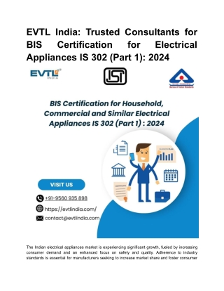 EVTL India_ Trusted Consultants for BIS Certification for Electrical Appliances IS 302 (Part 1)_ 2024