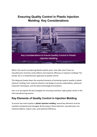 Ensuring Quality Control in Plastic Injection Molding: Key Considerations