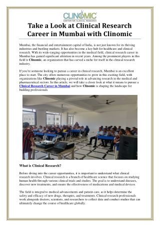Clinical Research Career in Mumbai - Explore Opportunities with Clinomic