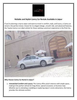 Reliable and Stylish Camry Car Rentals Available in Jaipur