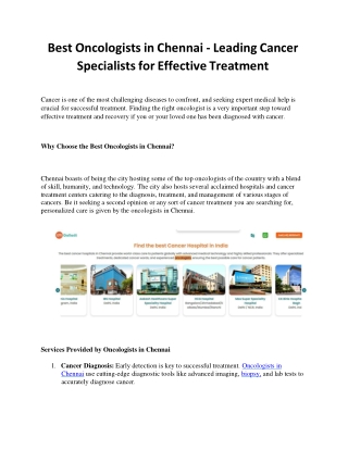 Best Oncologists in Chennai - Leading Cancer Specialists for Effective Treatment