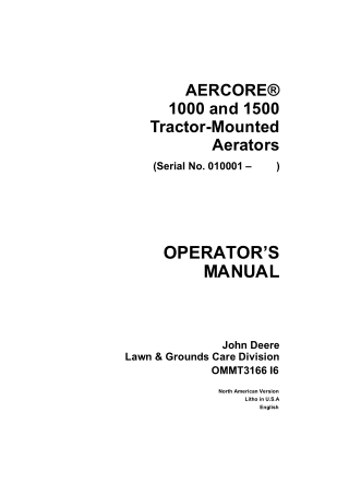 John Deere AERCORE 1000 and 1500 Tractor-Mounted Aerators Operator’s Manual Instant Download (Pin.010001-) (Publication