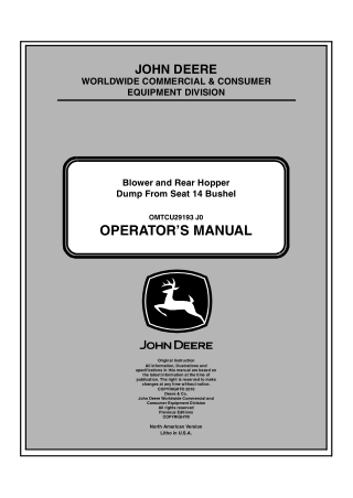 John Deere Blower and Rear Hopper Dump From Seat 14 Bushel Operator’s Manual Instant Download (PIN040001-) (Publication