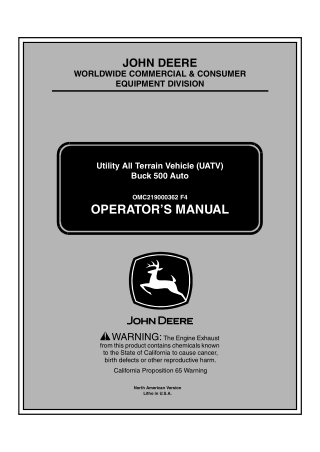 John Deere Buck 500 Auto Utility All Terrain Vehicle (UATV) Operator’s Manual Instant Download (PIN020001-) (Publication