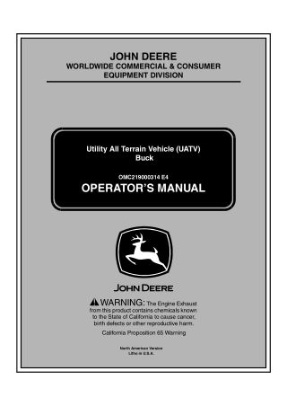 John Deere Buck Utility All Terrain Vehicle (UATV) Operator’s Manual Instant Download (PIN010001-) (Publication No.OMC21