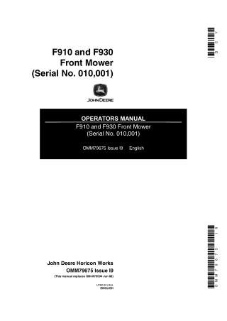 John Deere F910 and F930 Front Mower Operator’s Manual Instant Download (Pin.010001) (Publication No.OMM79675)