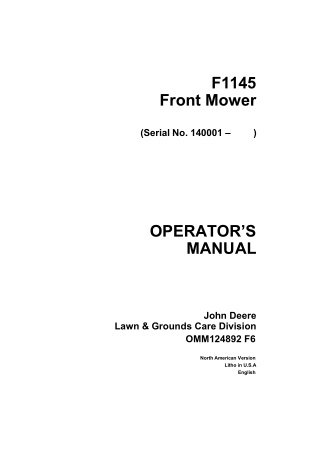 John Deere F1145 Front Mower Operator’s Manual Instant Download (Pin.140001-) (Publication No.OMM124892)