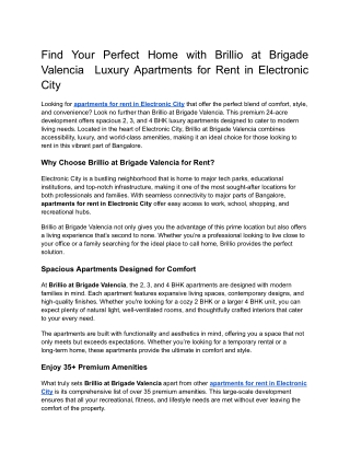 Find Your Perfect Home with Brillio at Brigade Valencia  Luxury Apartments for Rent in Electronic City