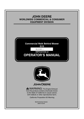 John Deere G15 Commercial Walk Behind Mower Operator’s Manual Instant Download (PIN015001- ) (Publication No.OMTCU21436)
