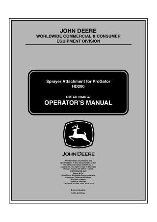 John Deere HD200 Sprayer Attachment for ProGator Operator’s Manual Instant Download (Pin.035101-) (Publication No.OMTCU1