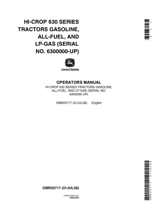John Deere Hi-Crop 630 Series Tractors (Gasoline,All-Fuel,and LP-Gas) Operator’s Manual Instant Download (Pin.6300000-up