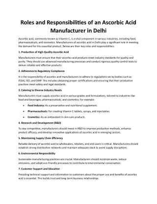 Roles and Responsibilities of an Ascorbic Acid Manufacturer in Delhi