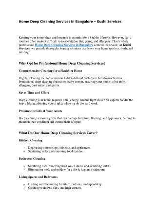 Home Deep Cleaning Services in Bangalore