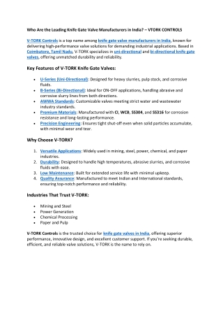 Who Are the Leading Knife Gate Valve Manufacturers in India – VTORK CONTROLS