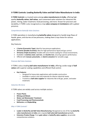 V-TORK Controls Leading Butterfly Valve and Ball Valve Manufacturer in India