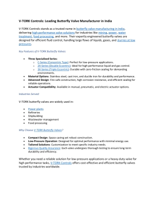 V-TORK Controls Leading Butterfly Valve Manufacturer in India