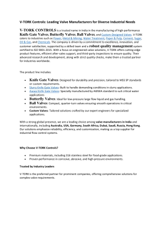 VTORK Controls Leading Valve Manufacturers for Diverse Industrial Needs