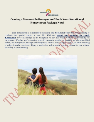 Kodaikanal Honeymoon Tour Packages For Couples - Book Now!