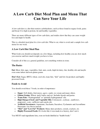 A Low Carb Diet Meal Plan and Menu That Can Save Your Life: Your Guide to Health