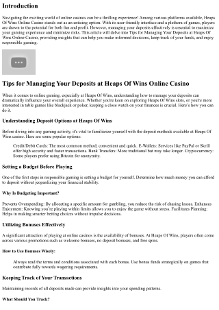 Tips for Managing Your Deposits at Heaps Of Wins Online Casino
