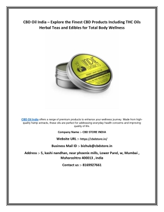 CBD Oil India – Explore the Finest CBD Products Including THC Oils Herbal Teas and Edibles for Total Body Wellness