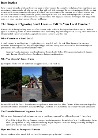 “The Dangers of Ignoring Small Leaks — Talk To Your Local Plumber!”