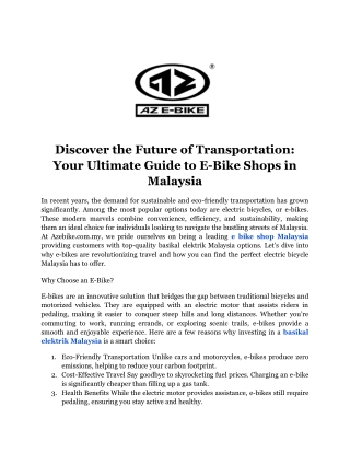 Discover the Future of Transportation_ Your Ultimate Guide to E-Bike Shops in Malaysia