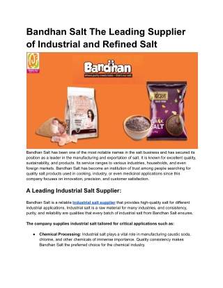 Bandhan Salt The Leading Supplier of Industrial and Refined Salt