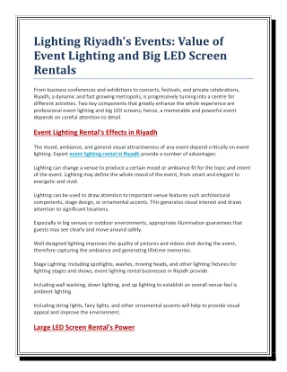 Lighting Riyadh's Events  Value of Event Lighting and Big LED Screen Rentals