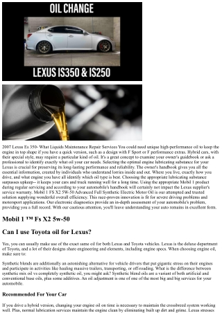 Best Oil For 2007 Lexus Es350 Q & A