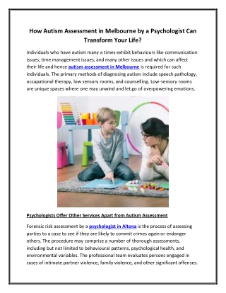 How Autism Assessment in Melbourne by a Psychologist Can Transform Your Life